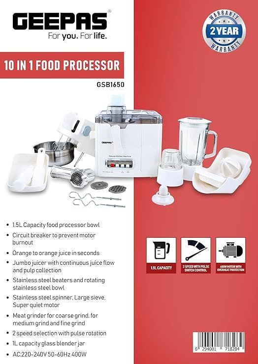 Geepas GSB1650 10-in-1 Food Processor
